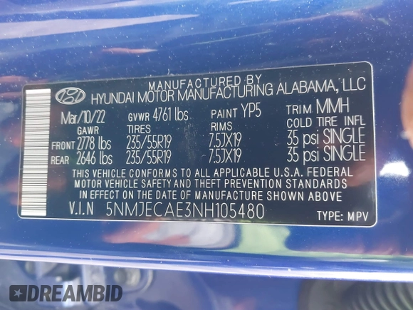 2022 Hyundai Tucson Limited with VIN 5NMJECAE3NH105480, listed as a IAAI auction lot 41684227 with 85,121 mi miles. Bid and sale history available at carsss.com. Image 9.
