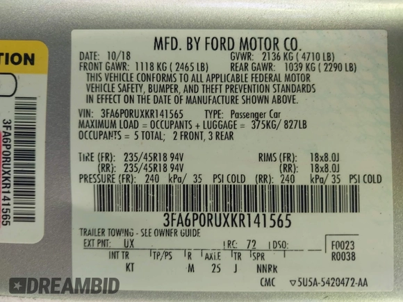 2019 Ford Fusion Titanium with VIN 3FA6P0RUXKR141565, listed as a IAAI auction lot 42323999 with 206,397 mi miles and . Bid and sale history available at DreamBid. Image 9.