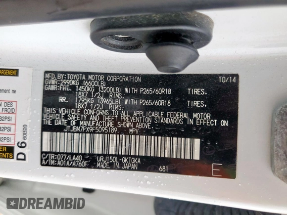 2015 Lexus GX 460 z VIN JTJBM7FX9F5095189, wystawiony jako Copart lot #58481935 z przebiegiem 144 619 mil mil oraz Szkoda całkowita • Salvage title. Historia ofert i sprzedaży dostępna na DreamBid. Obrazek 14.