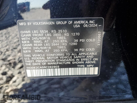 2024 Volkswagen Atlas SE with VIN 1V2DE2CA5RC262903, listed as a Copart auction lot 57241995 with 4,186 mi miles and Salvage title. Bid and sale history available at DreamBid. Image 13.