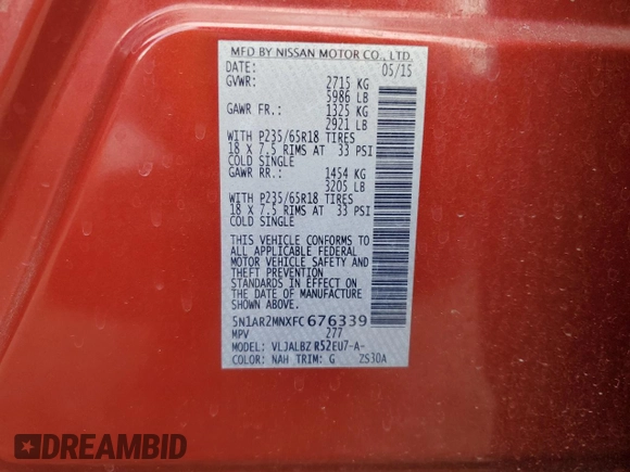 2015 Nissan Pathfinder SV with VIN 5N1AR2MNXFC676339, listed as a Copart auction lot 49507415 with 135,278 mi miles and Salvage Title. Bid and sale history available at carsss.com. Image 12.