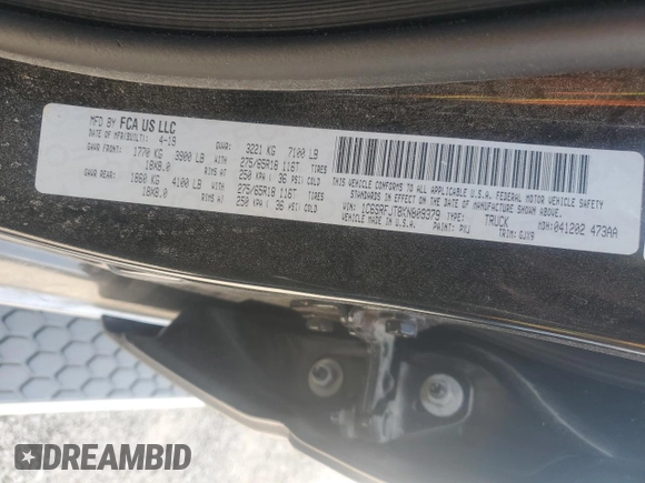 2019 Ram 1500 Laramie z VIN 1C6SRFJT8KN809379, wystawiony jako Copart lot #52827415 z przebiegiem Nie podano mil oraz Czysty tytuł • Clean title. Historia ofert i sprzedaży dostępna na DreamBid. Obrazek 13.