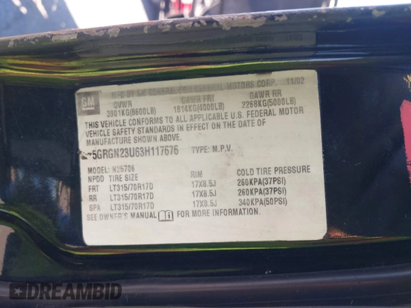 2003 Hummer H2 z VIN 5GRGN23U63H117676, wystawiony jako IAAI lot #41816411 z przebiegiem Nie podano mil oraz . Historia ofert i sprzedaży dostępna na DreamBid. Obrazek 9.