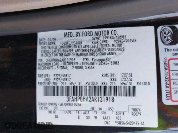 2010 Ford Fusion SE z VIN 3FAHP0HA2AR131918, wystawiony jako IAAI lot #42678902 z przebiegiem 180 828 mil mil oraz . Historia ofert i sprzedaży dostępna na DreamBid. Obrazek 9.