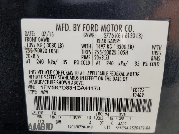2017 Ford Explorer XLT с VIN 1FM5K7D83HGA41178, выставлен на аукционе Copart как лот 62135035 с пробегом Не указан миль и Списание • Salvage title. История ставок и продаж доступна на DreamBid. Изображение 13.