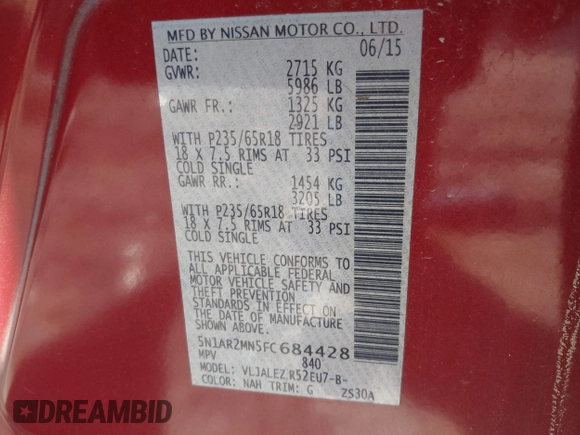 2015 Nissan Pathfinder SV с VIN 5N1AR2MN5FC684428, выставлен на аукционе IAAI как лот 41642256 с пробегом 107 546 миль миль и . История ставок и продаж доступна на DreamBid. Изображение 9.