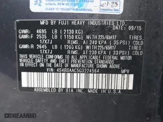 2016 Subaru Outback 2.5i with VIN 4S4BSAAC5G3224564, listed as a IAAI auction lot 41367086 with 66,330 mi miles. Bid and sale history available at carsss.com. Image 9.