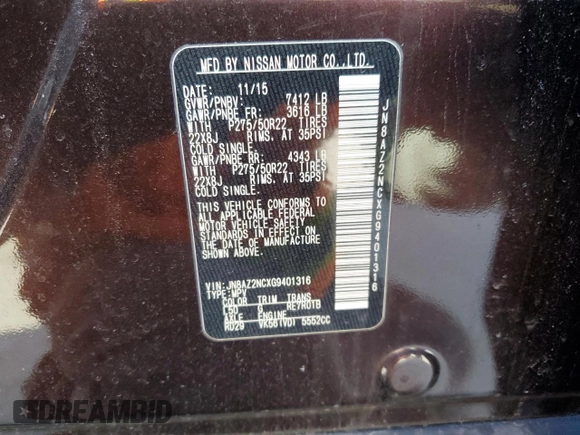2016 Infiniti QX80 with VIN JN8AZ2NCXG9401316, listed as a Copart auction lot 45355605 with 119,867 mi miles and Salvage Title. Bid and sale history available at DreamBid. Image 13.