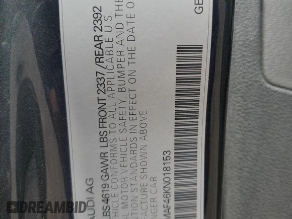 2019 Audi A4 Premium with VIN WAUGMAF46KN018153, listed as a Copart auction lot 49652305 with 80,307 mi miles and Salvage title. Bid and sale history available at DreamBid. Image 12.