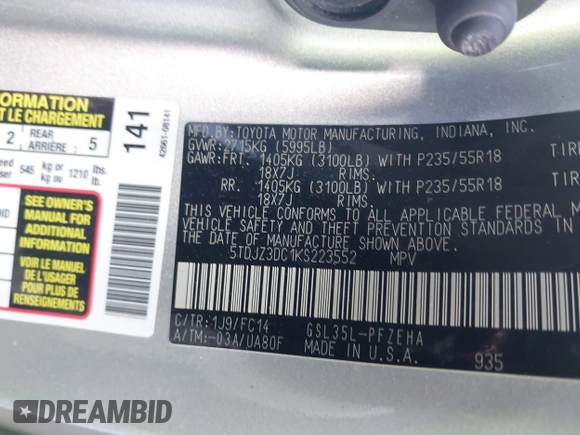 2019 Toyota Sienna LE with VIN 5TDJZ3DC1KS223552, listed as a IAAI auction lot 41809475 with 77,809 mi miles. Bid and sale history available at carsss.com. Image 9.