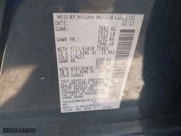 2013 Nissan Pathfinder SL with VIN 5N1AR2MM3DC652923, listed as a IAAI auction lot 41749099 with 91,492 mi miles. Bid and sale history available at carsss.com. Image 9.