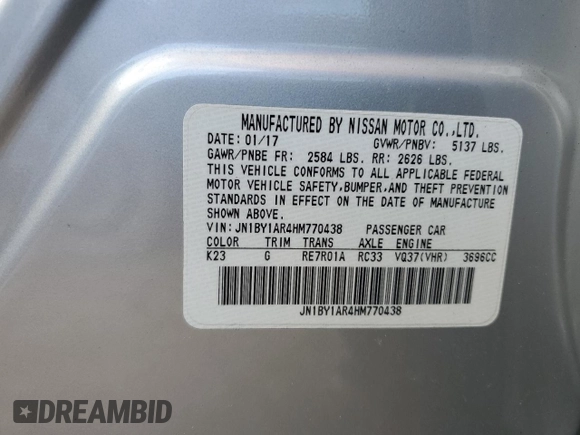 2017 Infiniti M37 with VIN JN1BY1AR4HM770438, listed as a Copart auction lot 87245434 with 91,793 mi miles and Salvage Title. Bid and sale history available at carsss.com. Image 12.