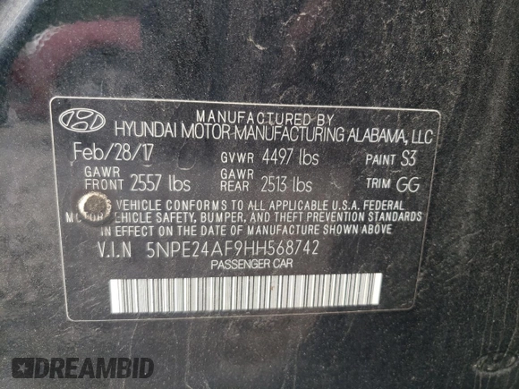 2017 Hyundai Sonata 2.4L z VIN 5NPE24AF9HH568742, wystawiony jako Copart lot #59537275 z przebiegiem 132 831 mil mil oraz Szkoda całkowita • Salvage title. Historia ofert i sprzedaży dostępna na DreamBid. Obrazek 12.