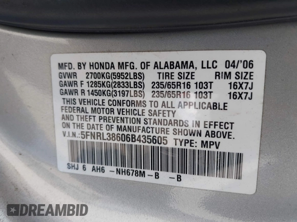 2006 Honda Odyssey EX-L с VIN 5FNRL38606B435605, выставлен на аукционе IAAI как лот 42416056 с пробегом 200 649 миль миль и . История ставок и продаж доступна на DreamBid. Изображение 9.