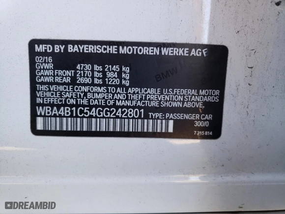 2016 BMW 4 Series 435i with VIN WBA4B1C54GG242801, listed as a Copart auction lot 85600794 with 92,281 mi miles and Salvage Title. Bid and sale history available at carsss.com. Image 12.