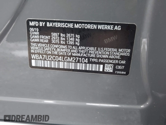 2020 BMW 7 Series 750i xDrive with VIN WBA7U2C04LGM27104, listed as a IAAI auction lot 41757796 with 10,174 mi miles and . Bid and sale history available at carsss.com. Image 9.