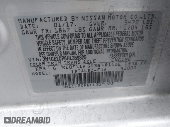 2017 Nissan Note SV with VIN 3N1CE2CP6HL359325, listed as a IAAI auction lot 41840546 with 123,875 mi miles and . Bid and sale history available at DreamBid. Image 9.