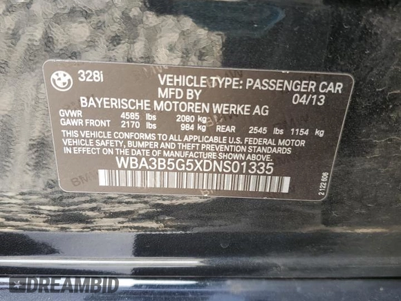 2013 BMW 3 Series 328i xDrive with VIN WBA3B5G5XDNS01335, listed as a Copart auction lot 54147535 with 138,505 mi miles and Salvage title. Bid and sale history available at DreamBid. Image 12.
