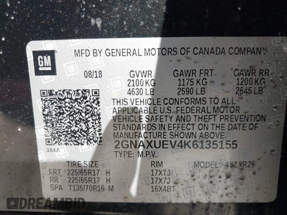 2019 Chevrolet Equinox LT with VIN 2GNAXUEV4K6135155, listed as a IAAI auction lot 41796183 with 104,554 mi miles and . Bid and sale history available at carsss.com. Image 9.