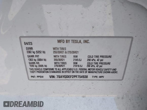2023 Tesla Model Y Performance with VIN 7SAYGDEF2PF754938, listed as a IAAI auction lot 42067041 with 21,103 mi miles and . Bid and sale history available at DreamBid. Image 9.