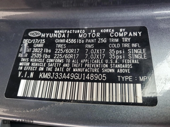 2016 Hyundai Tucson SE with VIN KM8J33A49GU148905, listed as a Copart auction lot 85363184 with 99,457 mi miles and Salvage Title. Bid and sale history available at carsss.com. Image 14.