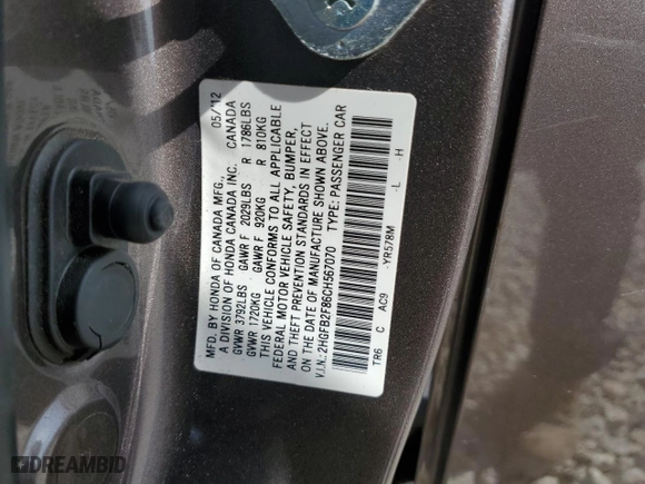 2012 Honda Civic Sdn EX with VIN 2HGFB2F86CH567070, listed as a Copart auction lot 44822395 with 0 mi miles and Salvage Title. Bid and sale history available at carsss.com. Image 15.