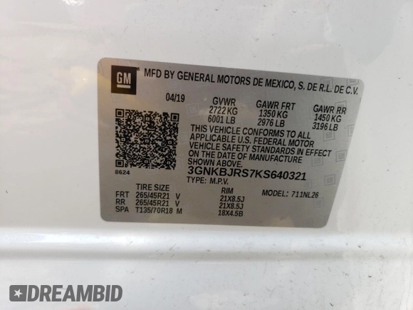 2019 Chevrolet Blazer RS with VIN 3GNKBJRS7KS640321, listed as a Copart auction lot 56576665 with 117,005 mi miles and Salvage title. Bid and sale history available at DreamBid. Image 14.