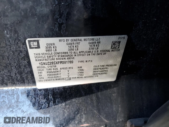 2015 Chevrolet Tahoe Commercial with VIN 1GNLC2ECXFR591789, listed as a Copart auction lot 54121265 with 111,326 mi miles and Salvage title. Bid and sale history available at DreamBid. Image 13.