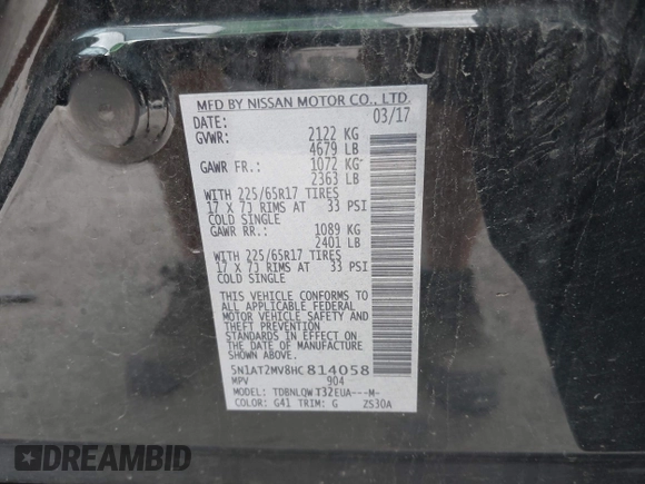 2017 Nissan Rogue SV z VIN 5N1AT2MV8HC814058, wystawiony jako IAAI lot #42200550 z przebiegiem 118 175 mil mil oraz . Historia ofert i sprzedaży dostępna na DreamBid. Obrazek 9.