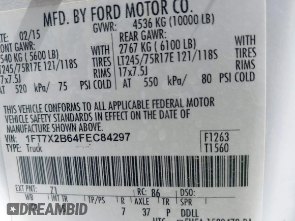 2015 Ford F-250 XLT with VIN 1FT7X2B64FEC84297, listed as a IAAI auction lot 42530389 with 343,430 mi miles and . Bid and sale history available at DreamBid. Image 9.