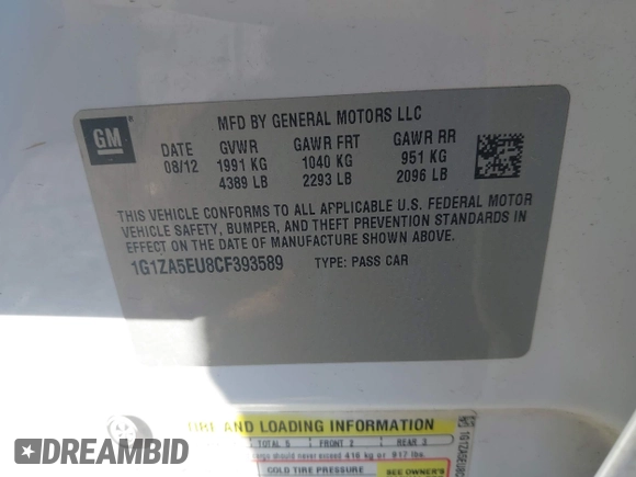 2012 Chevrolet Malibu 1FL with VIN 1G1ZA5EU8CF393589, listed as a IAAI auction lot 42044280 with 151,807 mi miles and . Bid and sale history available at DreamBid. Image 9.
