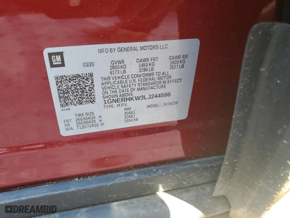 2020 Chevrolet Traverse LT Leather with VIN 1GNERHKW3LJ244596, listed as a Copart auction lot 46196935 with 0 mi miles and Salvage Title. Bid and sale history available at carsss.com. Image 13.