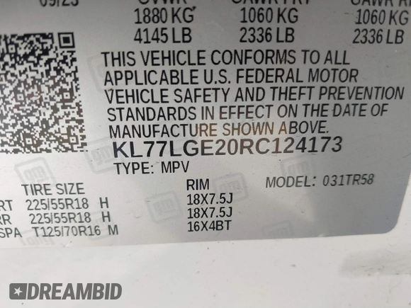 2024 Chevrolet Trax 1RS with VIN KL77LGE20RC124173, listed as a IAAI auction lot 40232631 with 6,745 mi miles. Bid and sale history available at carsss.com. Image 9.
