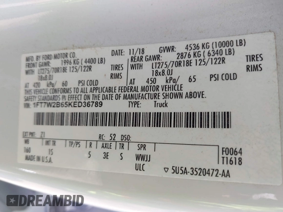 2019 Ford F-250 XL с VIN 1FT7W2B65KED36789, выставлен на аукционе IAAI как лот 42275403 с пробегом 154 847 миль миль и . История ставок и продаж доступна на DreamBid. Изображение 9.