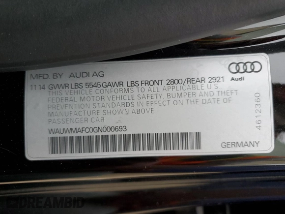 2016 Audi A7 3.0 TDI Premium Plus with VIN WAUWMAFC0GN000693, listed as a Copart auction lot 46847064 with 22,032 mi miles. Bid and sale history available at carsss.com. Image 12.
