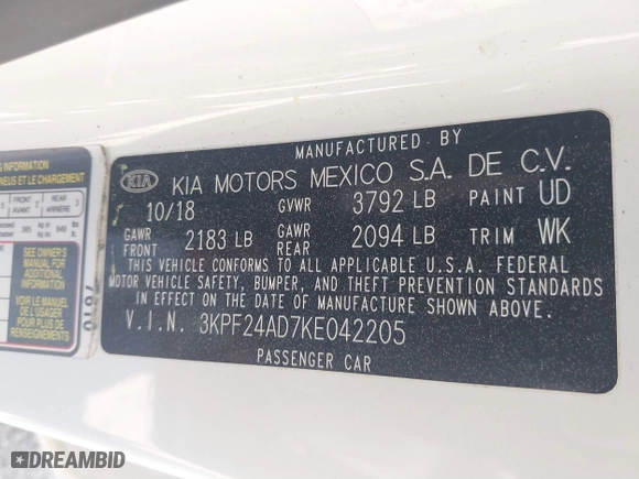 2019 Kia Forte LXS with VIN 3KPF24AD7KE042205, listed as a IAAI auction lot 41895139 with 98,183 mi miles. Bid and sale history available at carsss.com. Image 9.