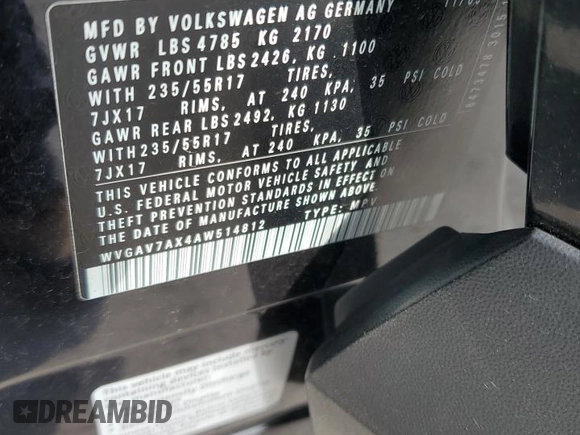 2010 Volkswagen Tiguan S with VIN WVGAV7AX4AW514812, listed as a Copart auction lot 53713245 with 108,009 mi miles and Salvage title. Bid and sale history available at DreamBid. Image 13.