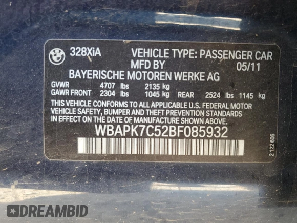 2011 BMW 3 Series 328i xDrive with VIN WBAPK7C52BF085932, listed as a Copart auction lot 43279515 with 0 mi miles and Salvage Title. Bid and sale history available at carsss.com. Image 14.