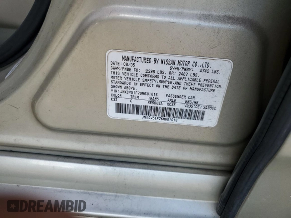 2006 Infiniti G35 with VIN JNKCV51F76M601016, listed as a Copart auction lot 79018964 with 175,443 mi miles and Salvage Title. Bid and sale history available at DreamBid. Image 12.