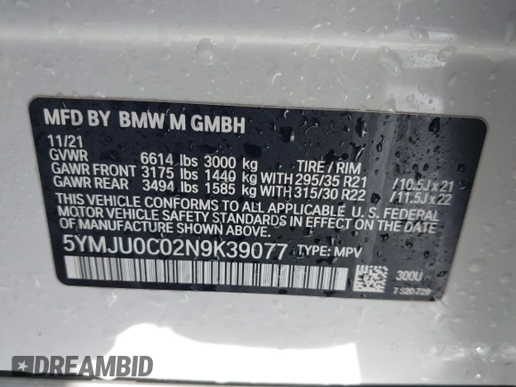 2022 BMW X5 M with VIN 5YMJU0C02N9K39077, listed as a IAAI auction lot 41711996 with 11,875 mi miles. Bid and sale history available at carsss.com. Image 9.