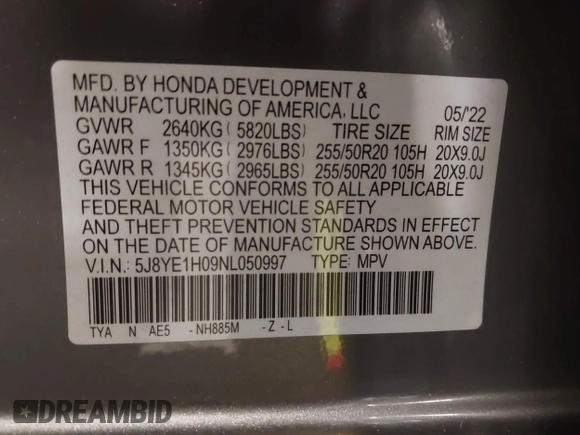 2022 Acura MDX w/A-Spec Package with VIN 5J8YE1H09NL050997, listed as a IAAI auction lot 42202385 with 15,076 mi miles and . Bid and sale history available at DreamBid. Image 9.