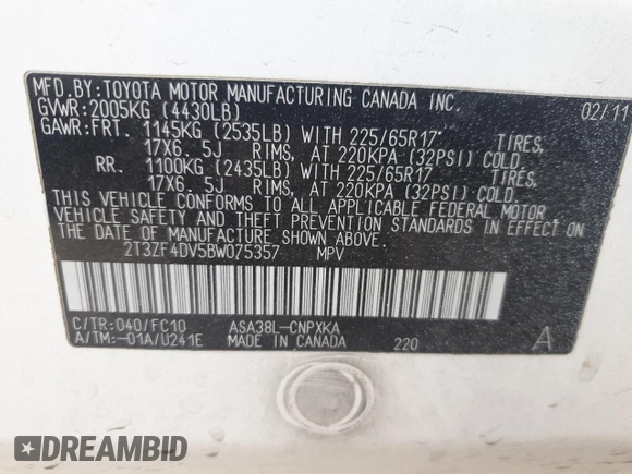 2011 Toyota RAV4 with VIN 2T3ZF4DV5BW075357, listed as a Copart auction lot 86459394 with 151,339 mi miles and Salvage Title. Bid and sale history available at DreamBid. Image 13.