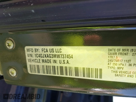 2021 Jeep Wrangler Sport S with VIN 1C4GJXAG3MW737454, listed as a IAAI auction lot 40392262 with 29,330 mi miles and . Bid and sale history available at DreamBid. Image 9.