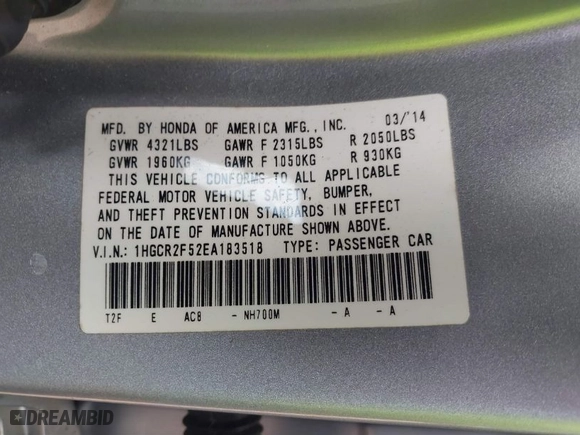 2014 Honda Accord Sedan Sport with VIN 1HGCR2F52EA183518, listed as a IAAI auction lot 41507045 with 174,694 mi miles. Bid and sale history available at carsss.com. Image 9.