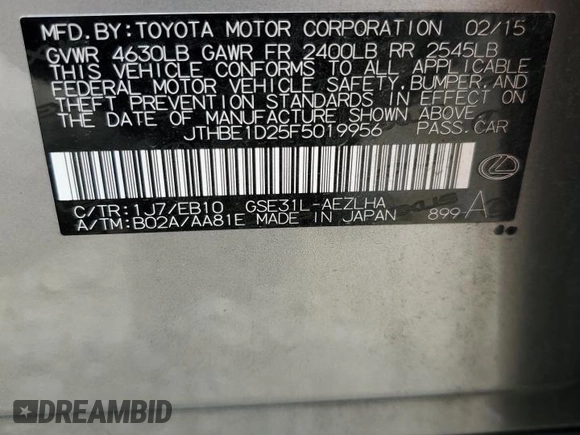 2015 Lexus IS 350 с VIN JTHBE1D25F5019956, выставлен на аукционе Copart как лот 54515915 с пробегом Не указан миль и Списание • Salvage title. История ставок и продаж доступна на DreamBid. Изображение 12.