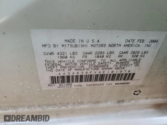 2004 Mitsubishi Galant ES z VIN 4A3AB36FX4E101970, wystawiony jako Copart lot #80471514 z przebiegiem 244 237 mil mil oraz Szkoda całkowita • Salvage title. Historia ofert i sprzedaży dostępna na DreamBid. Obrazek 12.