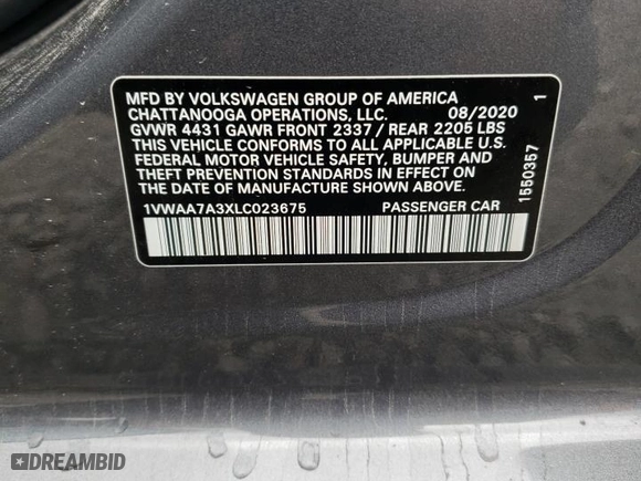 2020 Volkswagen Passat 2.0T S with VIN 1VWAA7A3XLC023675, listed as a Copart auction lot 48000965 with 32,233 mi miles and Non Repairable. Bid and sale history available at carsss.com. Image 12.