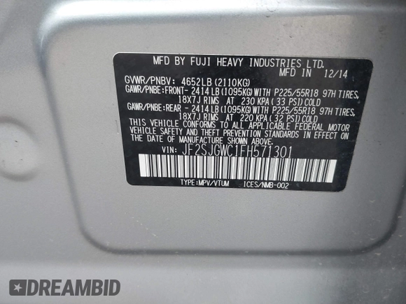 2015 Subaru Forester XT Touring with VIN JF2SJGWC1FH571301, listed as a IAAI auction lot 41682258 with 51,505 mi miles and . Bid and sale history available at DreamBid. Image 9.