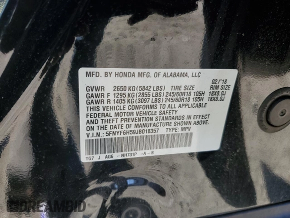 2018 Honda Pilot EX-L with VIN 5FNYF6H59JB018357, listed as a Copart auction lot 47534185 with 173,662 mi miles and Salvage Title. Bid and sale history available at carsss.com. Image 12.