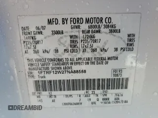 2007 Ford F-150 XL with VIN 1FTRF12W27NA88558, listed as a Copart auction lot 88510995 with 166,451 mi miles and Salvage Title. Bid and sale history available at carsss.com. Image 13.